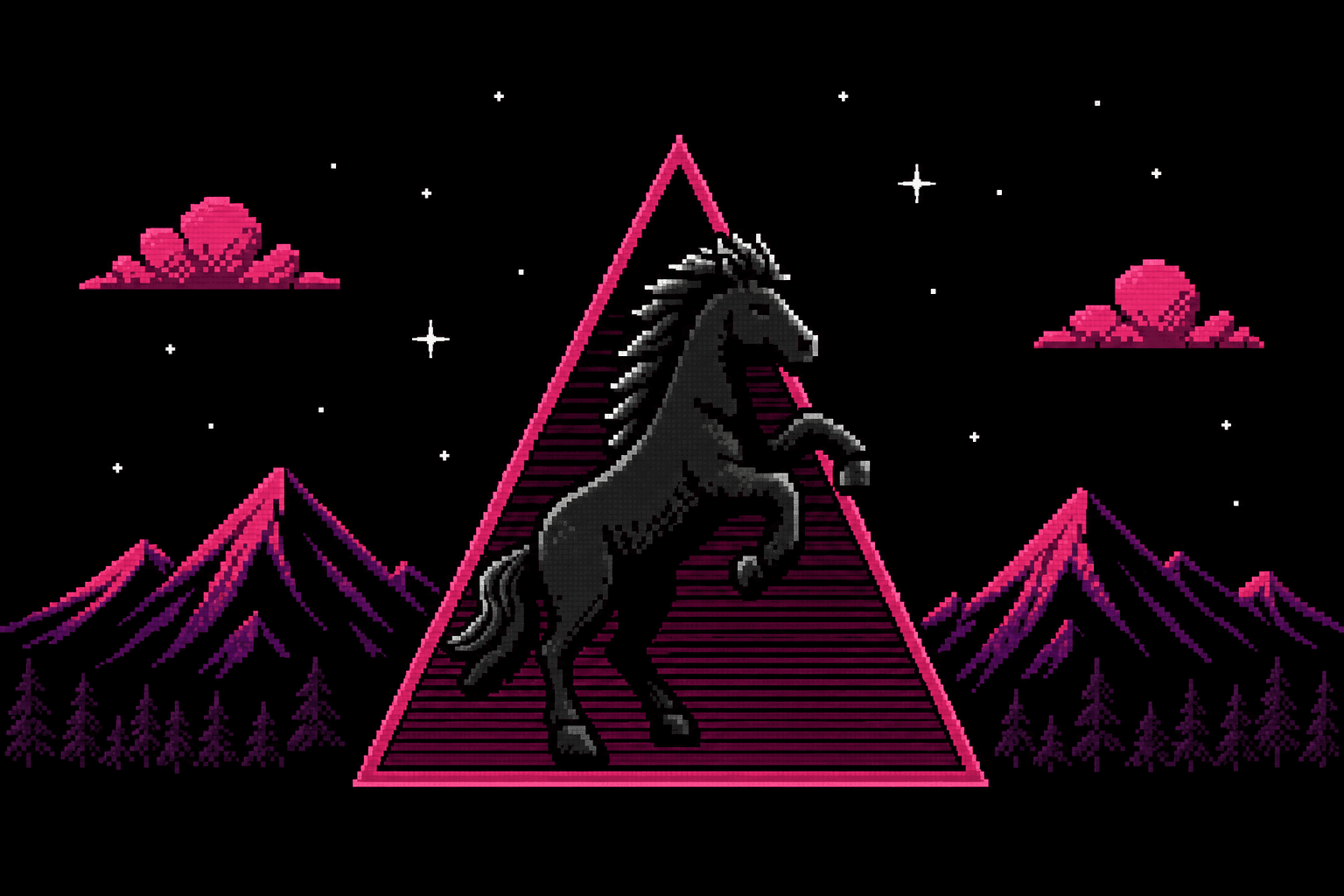 A black pixel-art horse rearing inside a neon-pink triangle